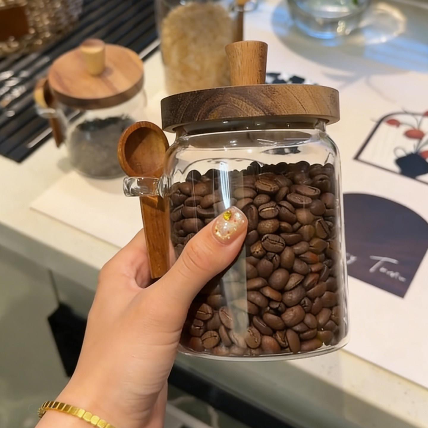 木盖玻璃密封罐食品级高颜值家用咖啡豆茶叶冰糖防潮储物罐带小勺
