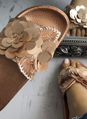 Women Summer Slippers Sequins Flat Soft Flat shoes41码女拖鞋