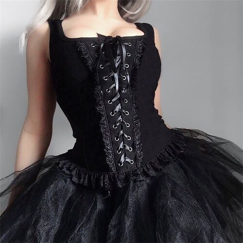 Lace-up vest knitted lace evening dress 背心针织花边晚礼服女