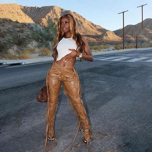 faux leather Ladies 休闲系带PU仿皮长裤 trousers 女 lace