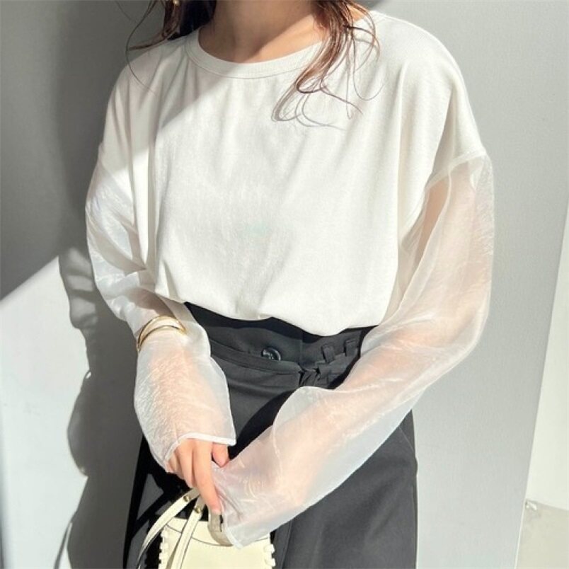 网纱拼接设计感长袖T恤女