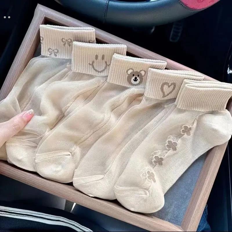 袜子女透气春夏季薄款短袜水晶玻璃冰丝袜蕾丝花边短筒纯棉底透明