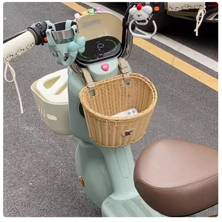 电动车挂包前置藤编车筐电瓶车自行车通用款多功能置物收纳筐神器