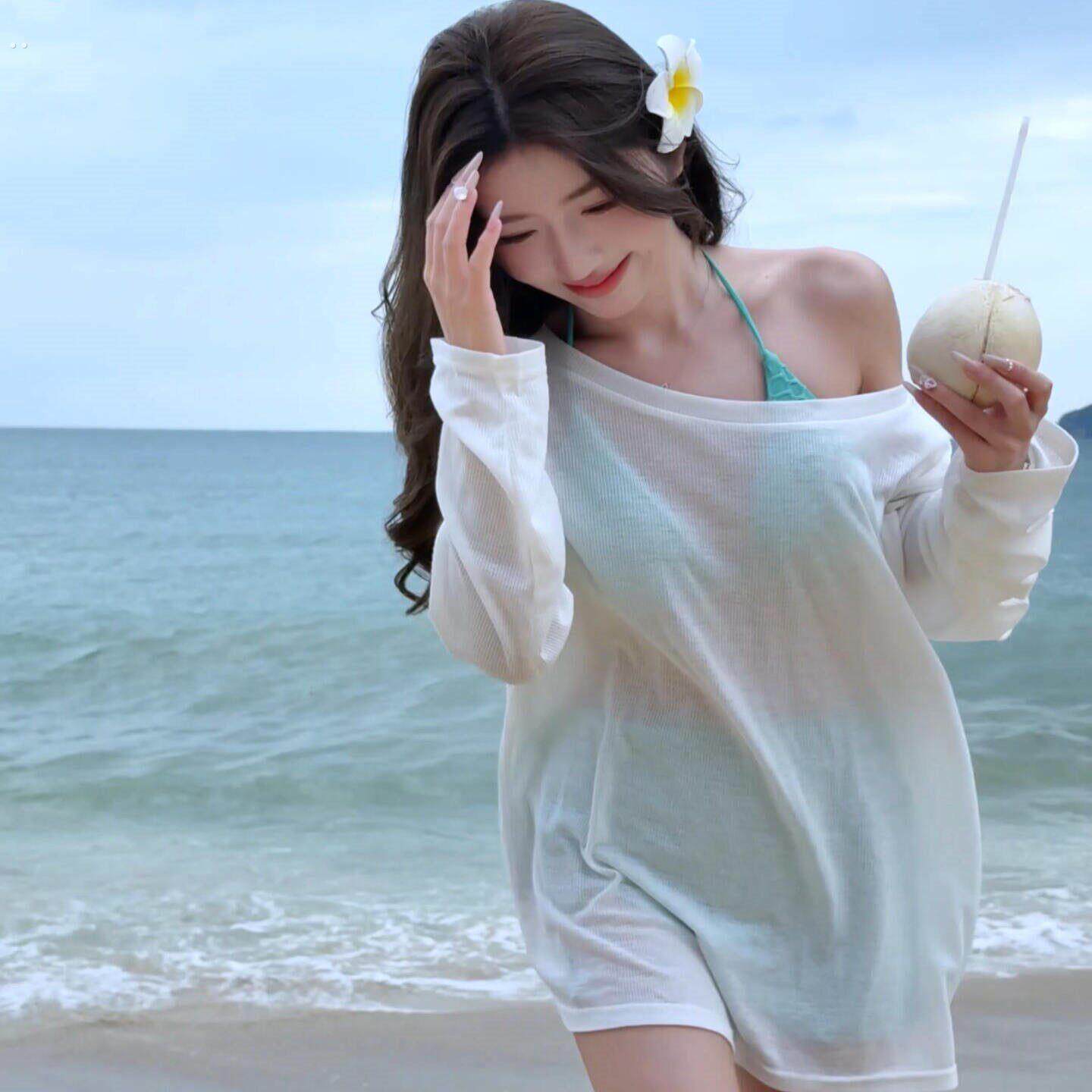 辣妹斜肩游泳罩衫海边沙滩泳衣比基尼防晒外搭可下水冰丝网纱速干