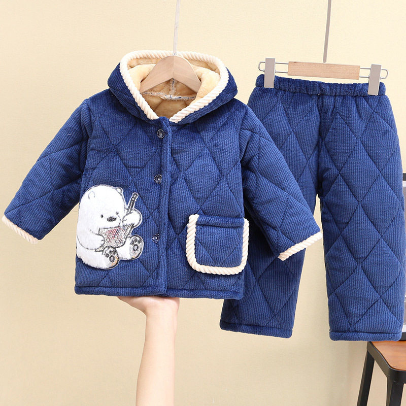 日本品质冬季儿童睡衣特厚法兰绒男女童宝宝中小童保暖三层夹棉家