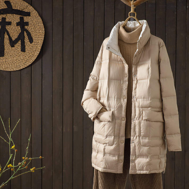 新款秋冬两面穿羽绒服女中长款时尚立领压胶白鸭绒轻薄外套潮