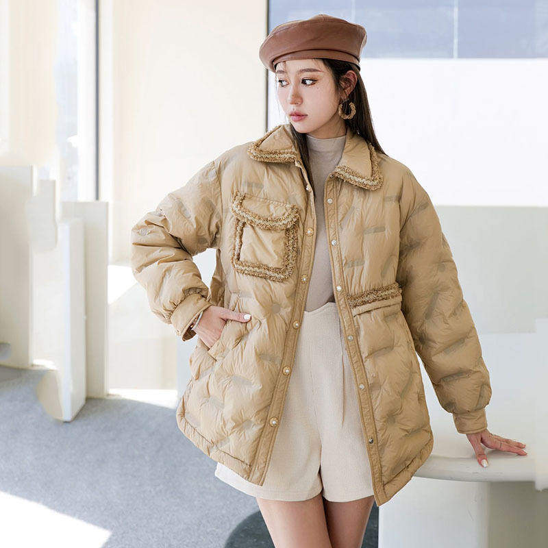 新款 秋冬轻薄压胶羽绒服女中长款衬衫领时髦气质外套潮50%