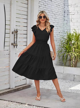 新款 2025欧美 亚马逊 独立站 荷叶袖 纯色 V领 收腰 显瘦 连衣裙