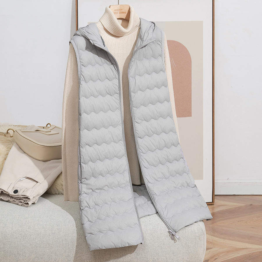 新款秋冬时尚连帽轻薄波浪羽绒服马甲女中长款修身内胆外套潮