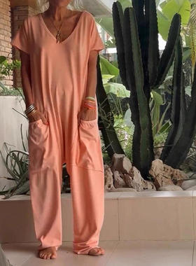 2025欧美女装 亚马逊 家居服睡衣长裤休闲纯色口袋短袖V领连体裤