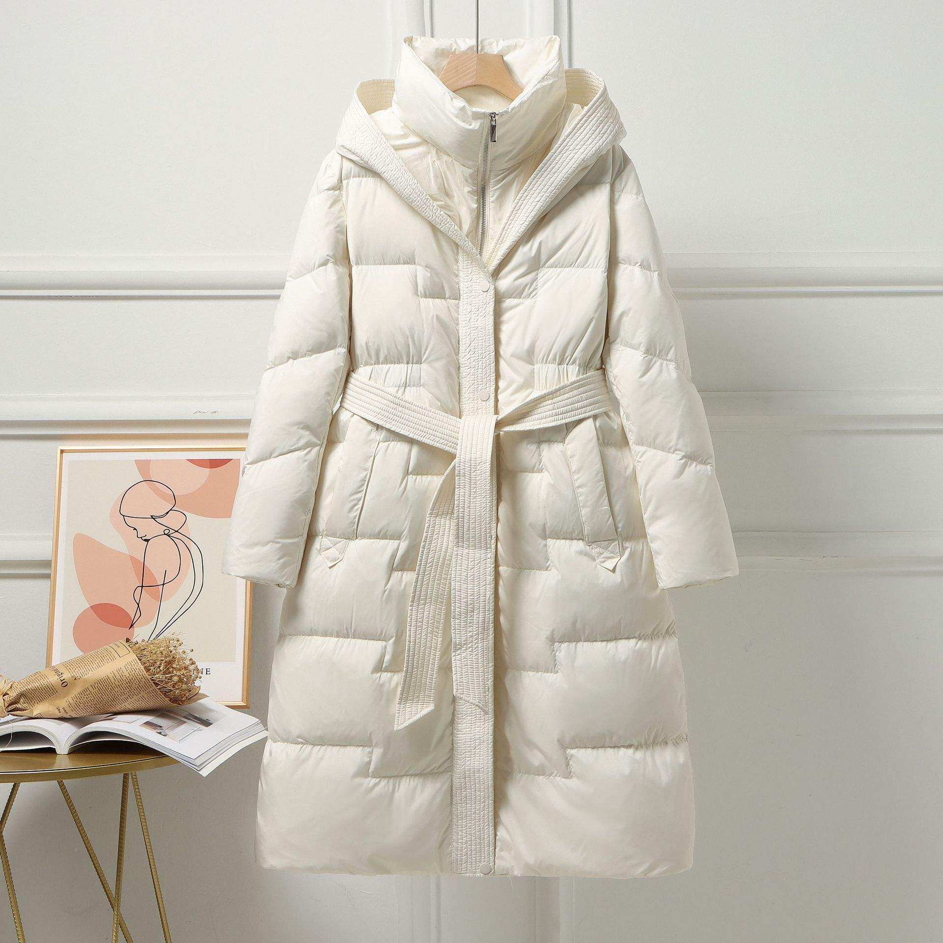 新款秋冬高端欧货连帽长款羽绒服女过膝加厚修身显瘦腰带保暖