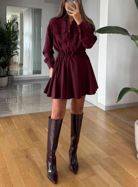 2025欧美 ins 独立站 纯色假口袋长袖 衬衣领纽扣 收腰连衣裙