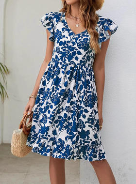 2025欧美 亚马逊 短袖 V领 数码印花 荷叶袖 青花瓷连衣裙单件