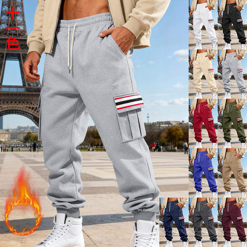 跨境外贸美式秋冬抓绒男式工装裤多口袋拼条纯色运动休闲长裤潮流