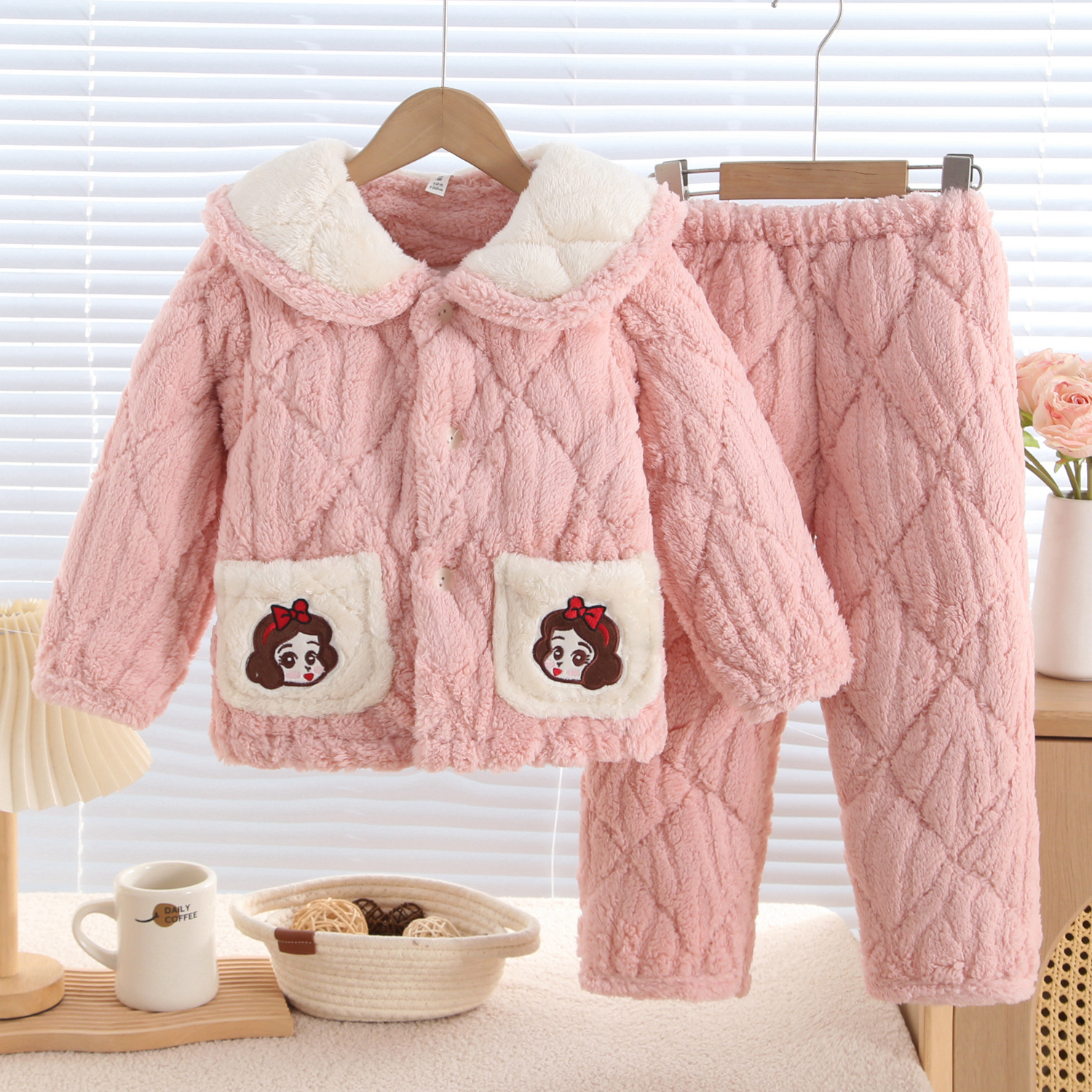 全棉纯棉女童三层夹棉睡衣加厚保暖宝宝冬天法兰绒家居服小女孩珊