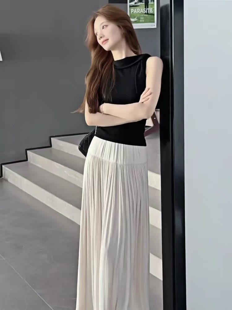 夏季新款高级感圆领系带无袖背心上衣+高腰垂感褶皱半身裙套装女
