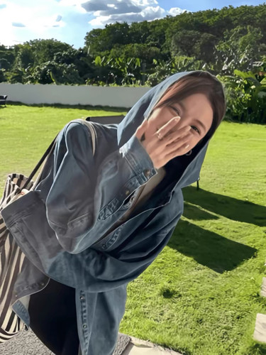 蓝色连帽牛仔外套女春秋2025新款
