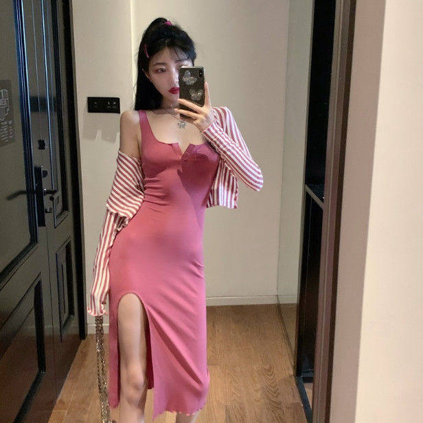 法式复古气质性感套装女高开叉修身吊带连衣裙长裙条纹开衫两件套