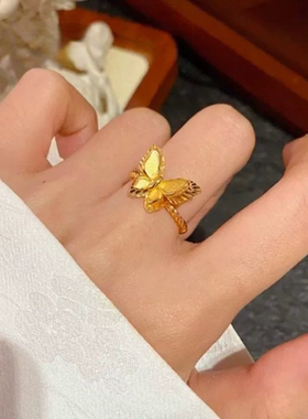 金店同款5G沙金镜花蝶梦双层蝴蝶戒指女精致轻奢气质时尚高级感食