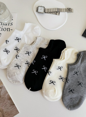甜美蝴蝶结夏季薄款短袜日系女袜子ins潮百搭黑白灰低帮浅口船袜