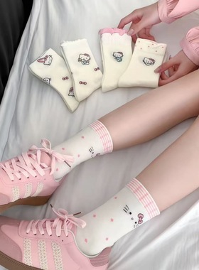 kt猫袜子春夏日系甜美可爱花边袜卡通凯蒂小清新中筒袜百搭ins风