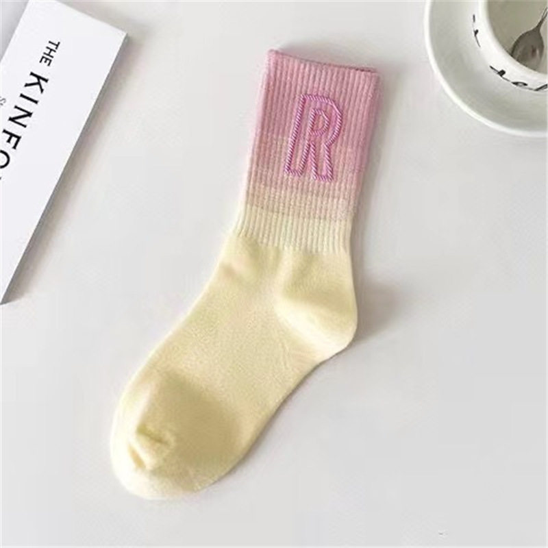 Women's Socks for Spring and Autumn ins Trendy R Letter Mid-Calf Socks Solid Color Internet Celebrity Gradient Style Paired with Shark Pants Japanese Style Long Socks
