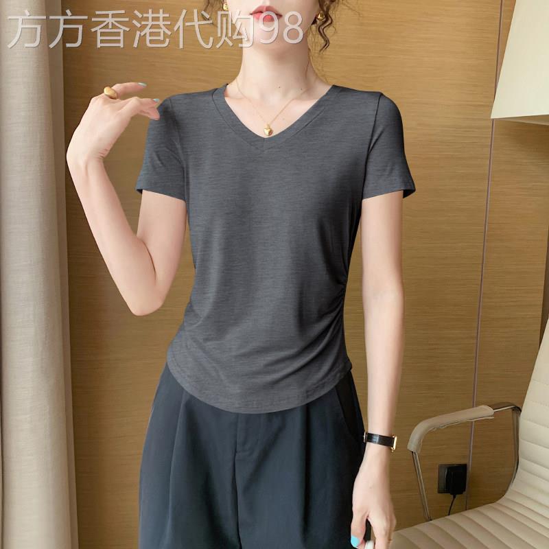 黑色莫代尔V领短袖T恤女夏2026新款冰丝薄款修身显瘦半袖小衫上衣