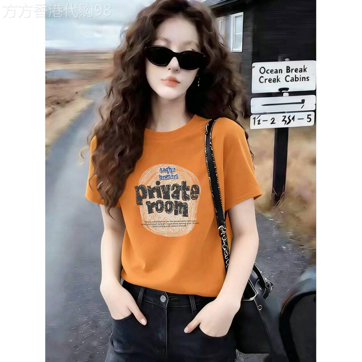 纯棉圆领正肩橘色短袖t恤女设计感时尚洋派上衣显瘦打底衫夏季潮