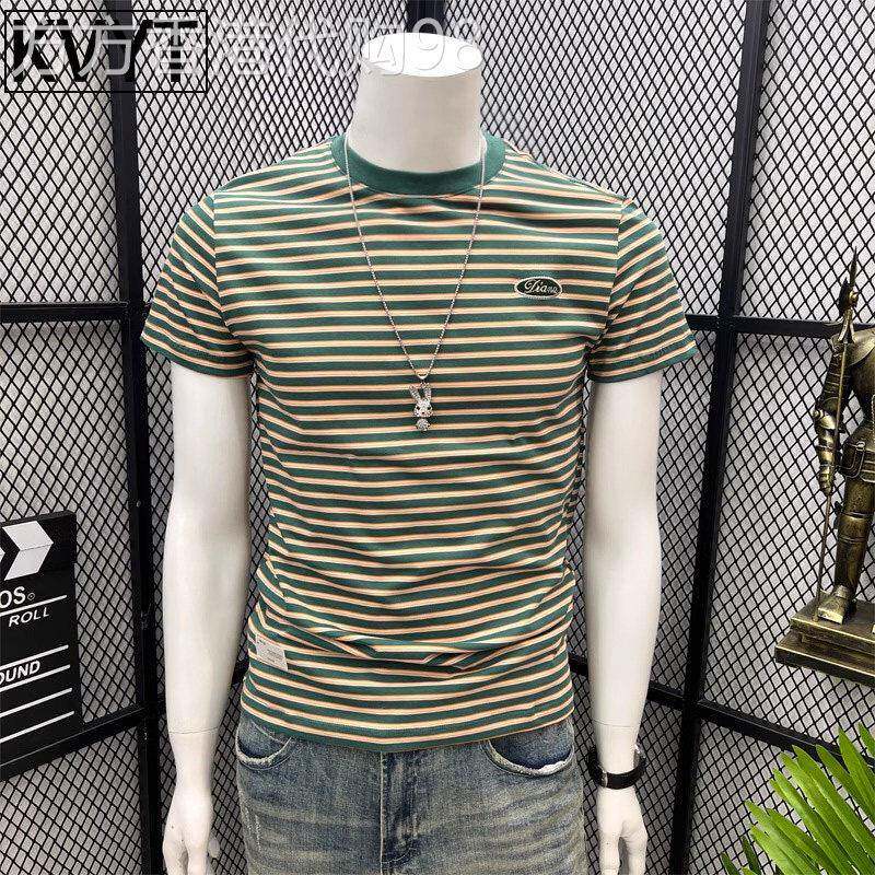 高端条纹短袖T恤男士夏季薄款潮牌痞帅圆领上衣服打底T恤衫男款