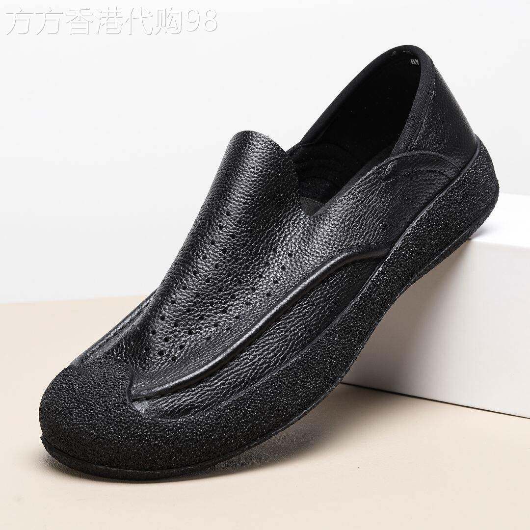 IT ins头层牛皮休闲鞋男镂空透气软皮软底缝线包头防踢踩脚套脚鞋