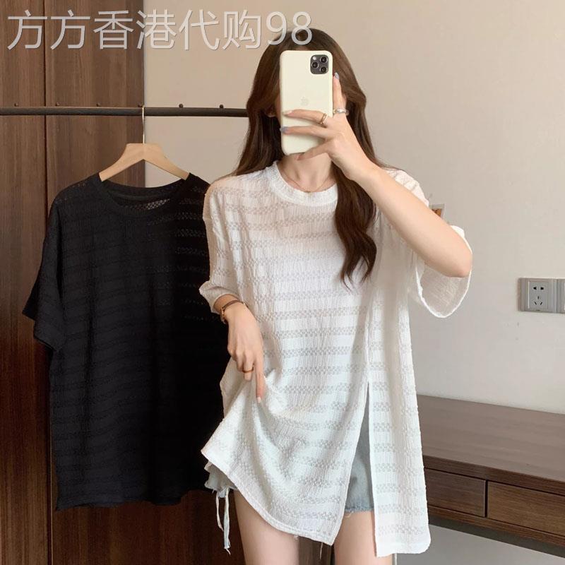 不规则开叉正肩短袖T恤女夏季欧货大码胖mm中长款遮屁股蕾丝上衣