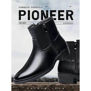 头层牛皮尖头英伦商务正装皮鞋高帮男鞋秋冬款加绒保暖侧拉炼男靴