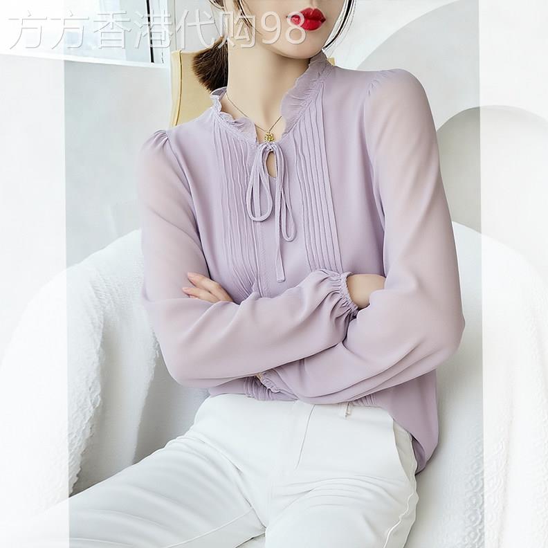 木耳边立领衬衫浅紫色2026春季新款女装长袖衬衣百搭独特气质减龄