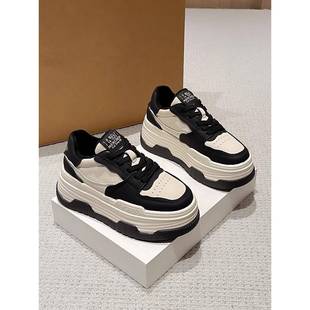 香港秋冬新款超级流行熊猫鞋流行小众内增高运动鞋真皮厚底白底女