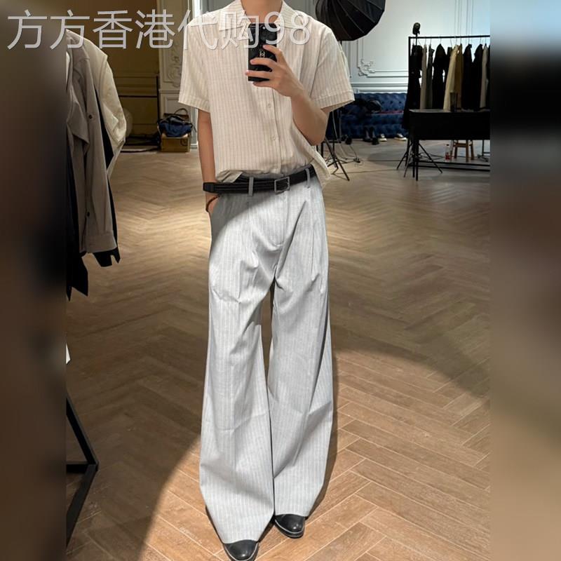 潮牌浅灰色a字西裤男春秋复古老钱风双褶条纹裤子立体直筒微喇裤