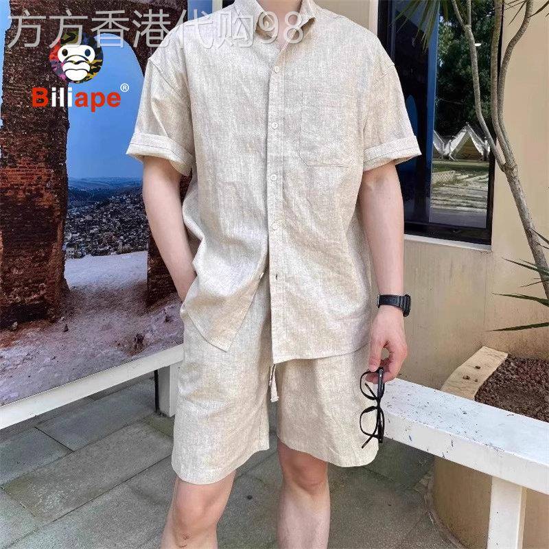 亚麻休闲套装男士夏季2026新款短袖衬衫老钱风穿搭配短裤棉麻男装
