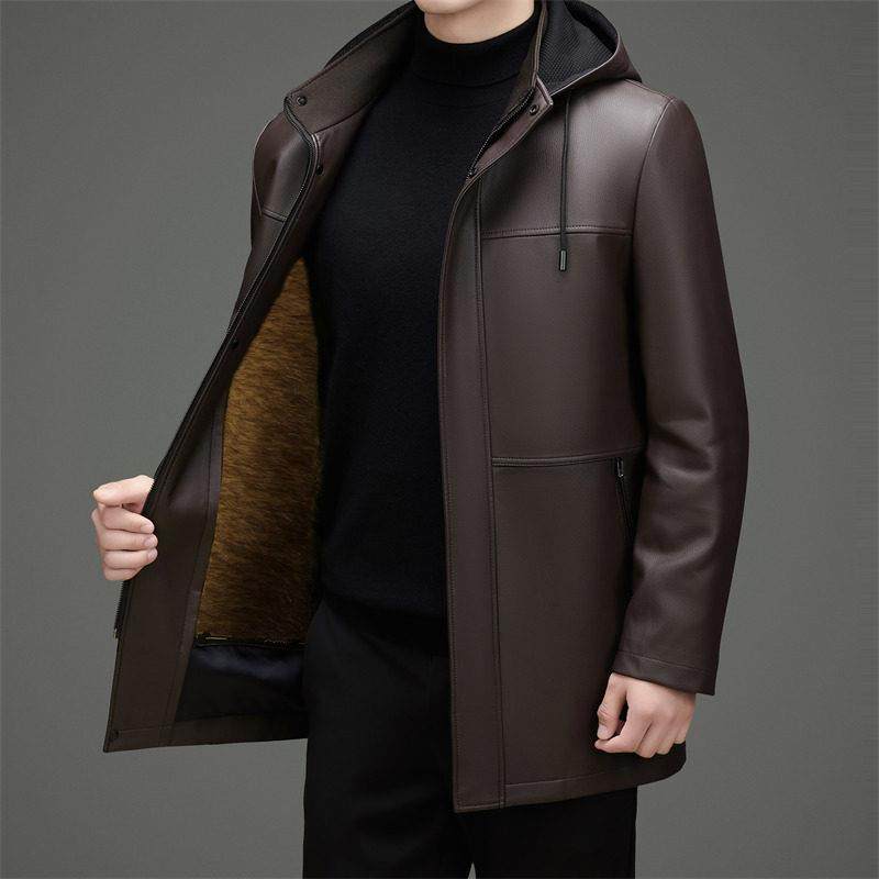 冬季立领皮衣加绒加厚连帽皮风衣男中长款皮毛一体可拆卸内胆外套