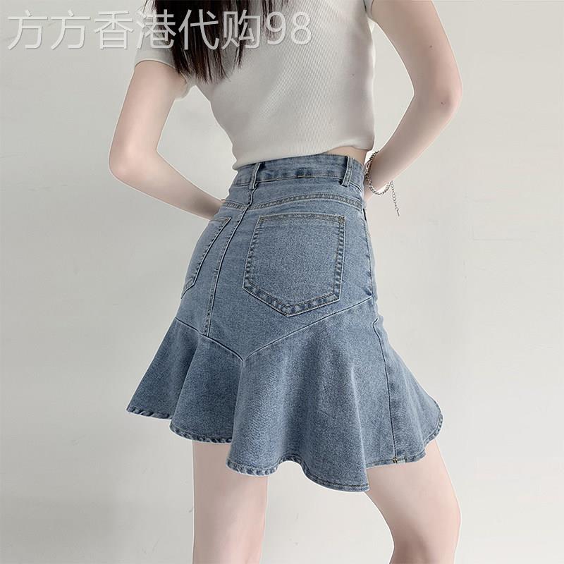 潮牌辣妹荷叶边牛仔半身裙女夏季新款高腰鱼尾裙A字包臀短裙裙子