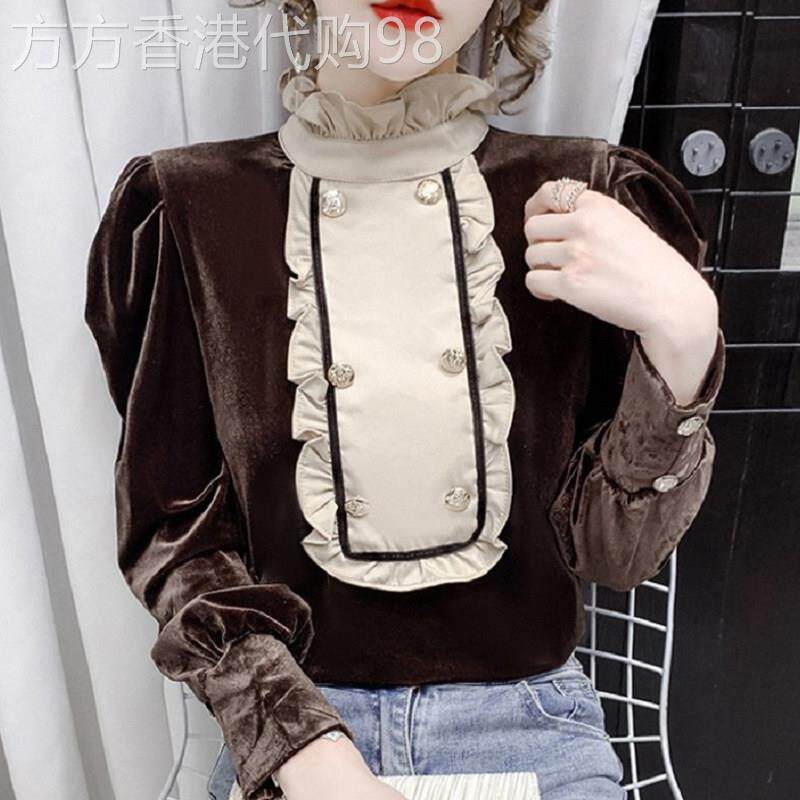 法式金丝绒衬衫女春秋新款覆古宫廷风木耳边立领撞色打底长袖上衣