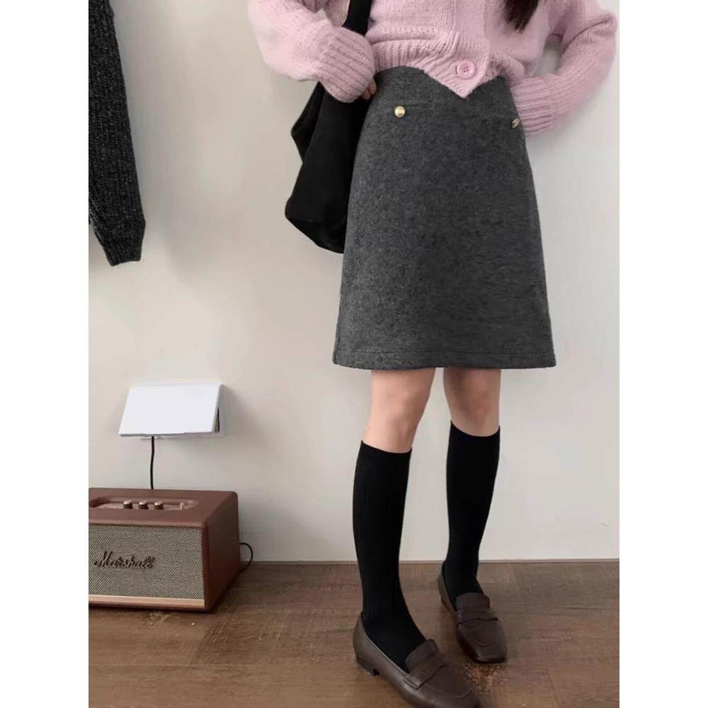 2024秋冬新款灰色毛呢半身裙女高腰显瘦休闲覆古小众气质a字中裙