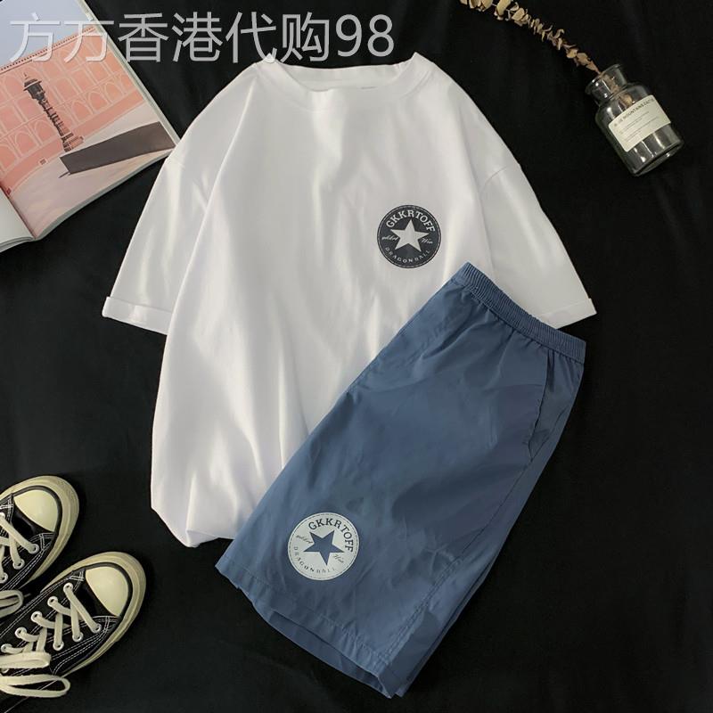 日系冰丝短袖T恤男装潮流休闲运动套装 夏季棉质五分短裤搭配