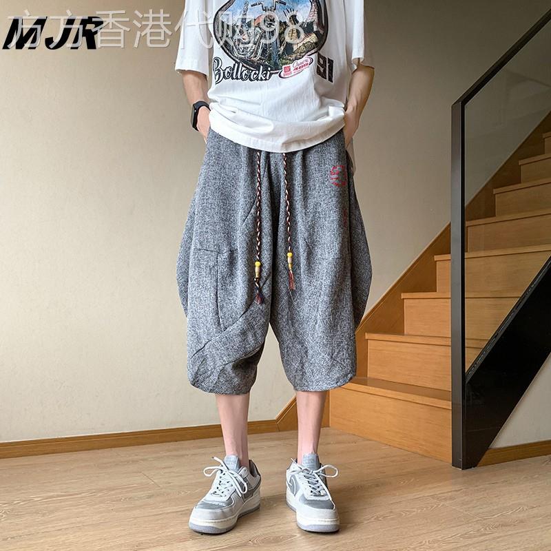 设计感亚麻七分裤夏季宽松哈伦五分裤痞帅潮牌过膝男士高街休闲裤