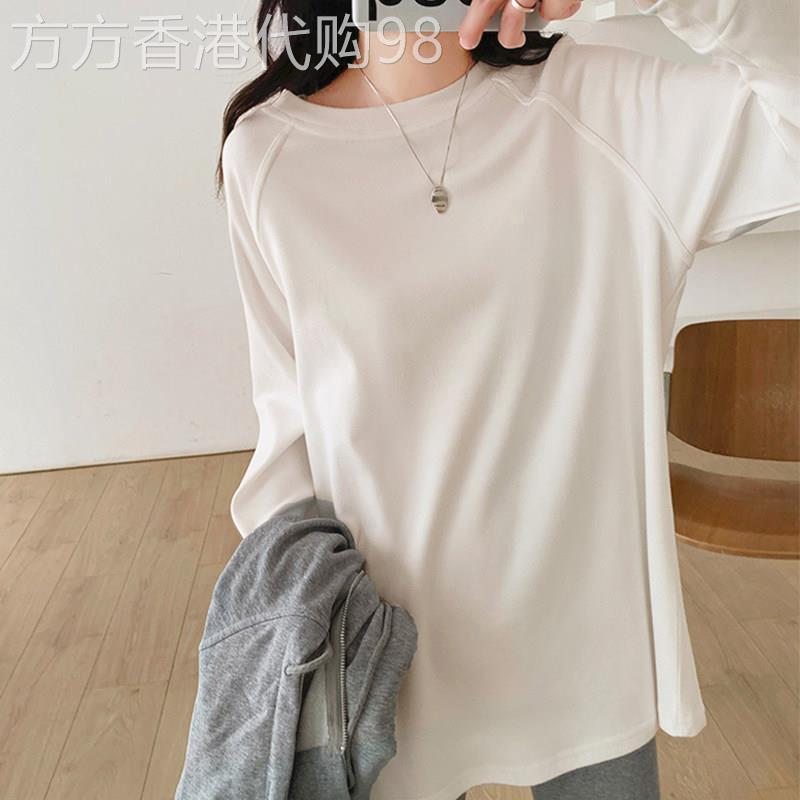 长袖t恤女春秋2025新款宽松休闲圆领百搭白色中长款内搭打底上衣