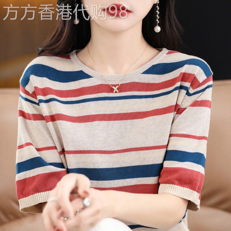 短袖条纹T恤女春夏2026新款设计感小众圆领套头显瘦宽松针织上衣
