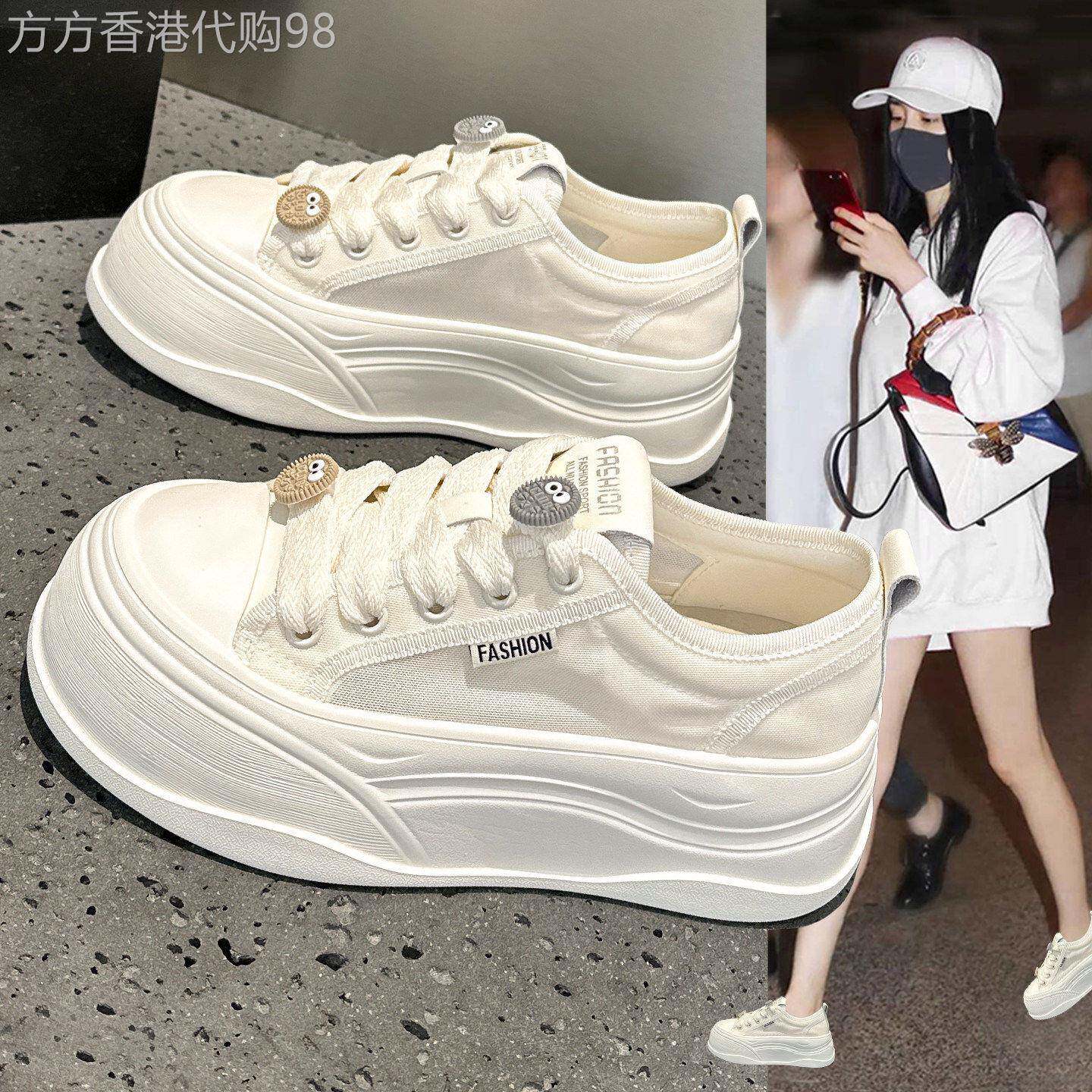 香港厚底帆布鞋女夏季2026新款薄款透气网面休闲运动软底小白板鞋