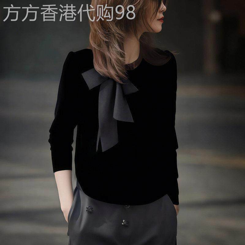 时尚百搭气质显瘦金丝绒圆领长袖衬衫女2025冬季穿搭新款黑色上衣