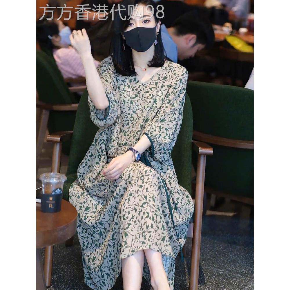 欧洲站2026新款法式收腰系带长裙子遮肚子显瘦绿色碎花洋装女夏