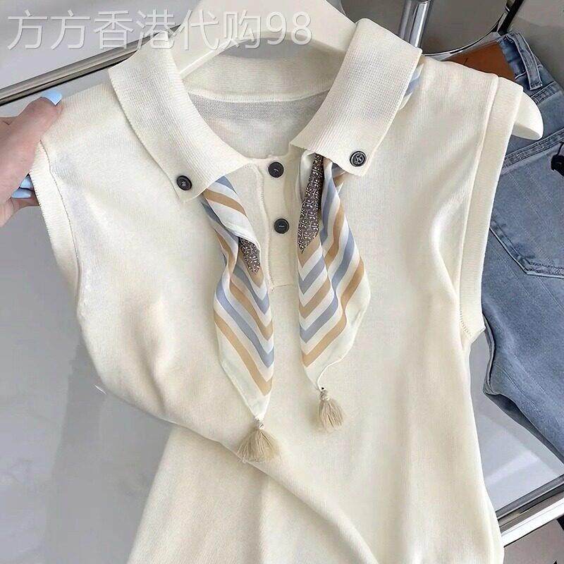 白色衬衫女夏薄款2026新款高级感轻奢减龄气质配丝巾针织无袖上衣