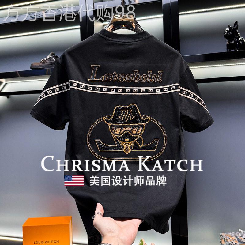 出口美国⭐Chrisma Katch~男士高端烫钻刺绣短袖轻奢半袖男上衣