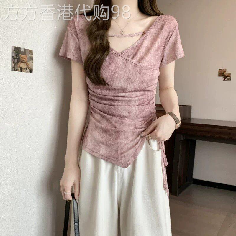 潮牌不规则V领短袖T恤女夏季大尺码胖mm显瘦设计感短款扎染上衣小